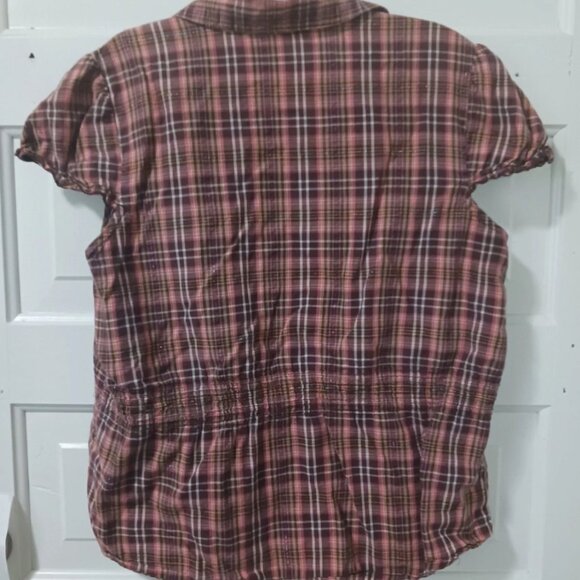 CATO Womans Large V-Neck Ruffle Edge Brown Stripe & Sparkle Blouse - Picture 6 of 6